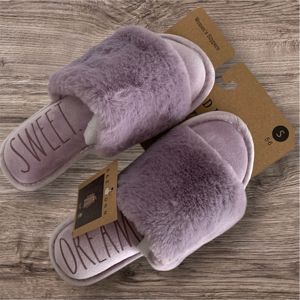 NWT RAE DUNN Cozy Sweet Dreams Slippers Women S 5/6 Purple Slip On Plush Cushion